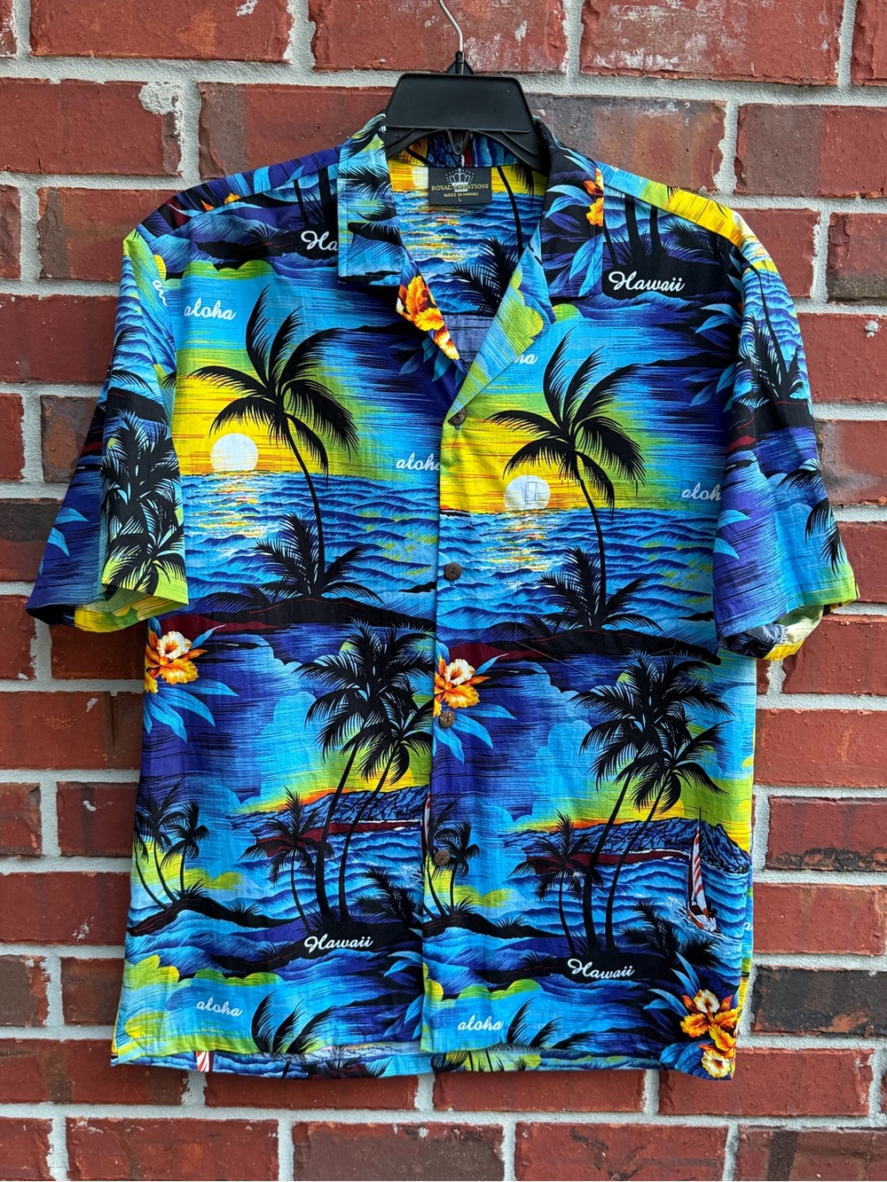 Vintage Royal Creations Men's L Blue Tropical Hawaiian Aloha Print Shirt P7